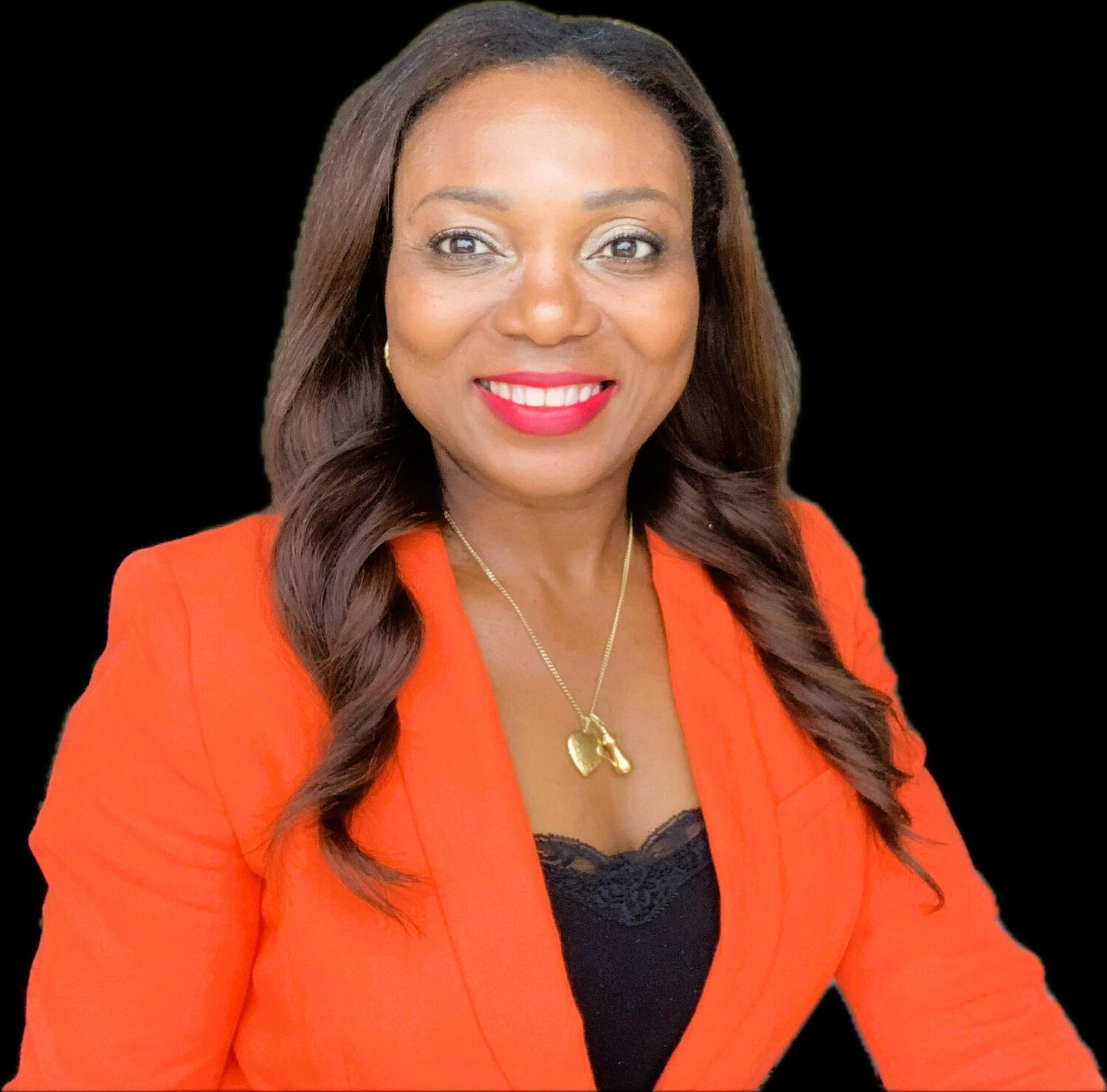 Smiling woman in an orange blazer symbolises the uplifting and healing spirit of the Smiling Voice service.